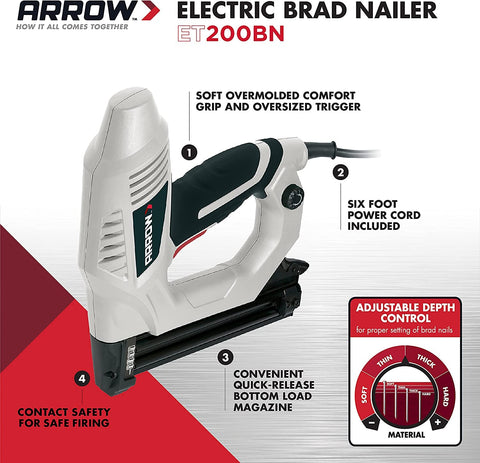 Depth adjustment knob on Arrow ET200BN lets you tailor drive depth for precise fastenings.