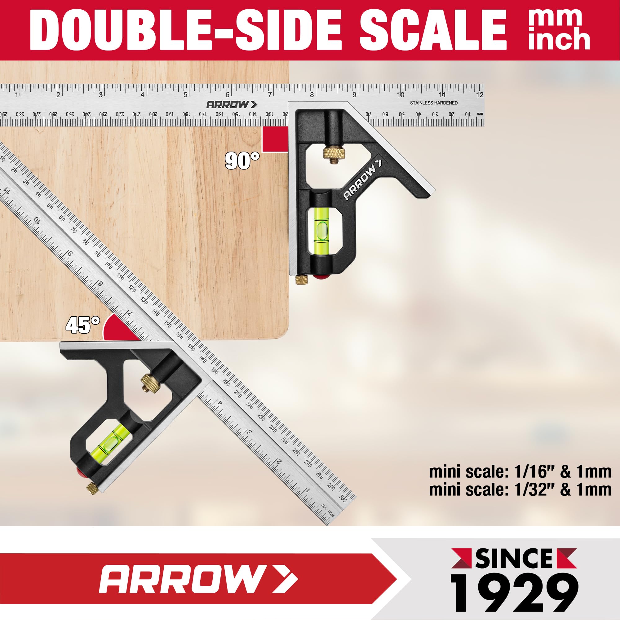Arrow Fastener 12-inch combination square features dual-scale ruler for metric and SAE.