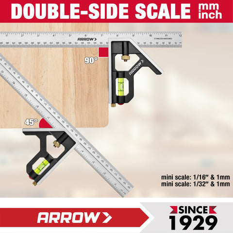 Arrow Fastener 12-inch combination square features dual-scale ruler for metric and SAE.