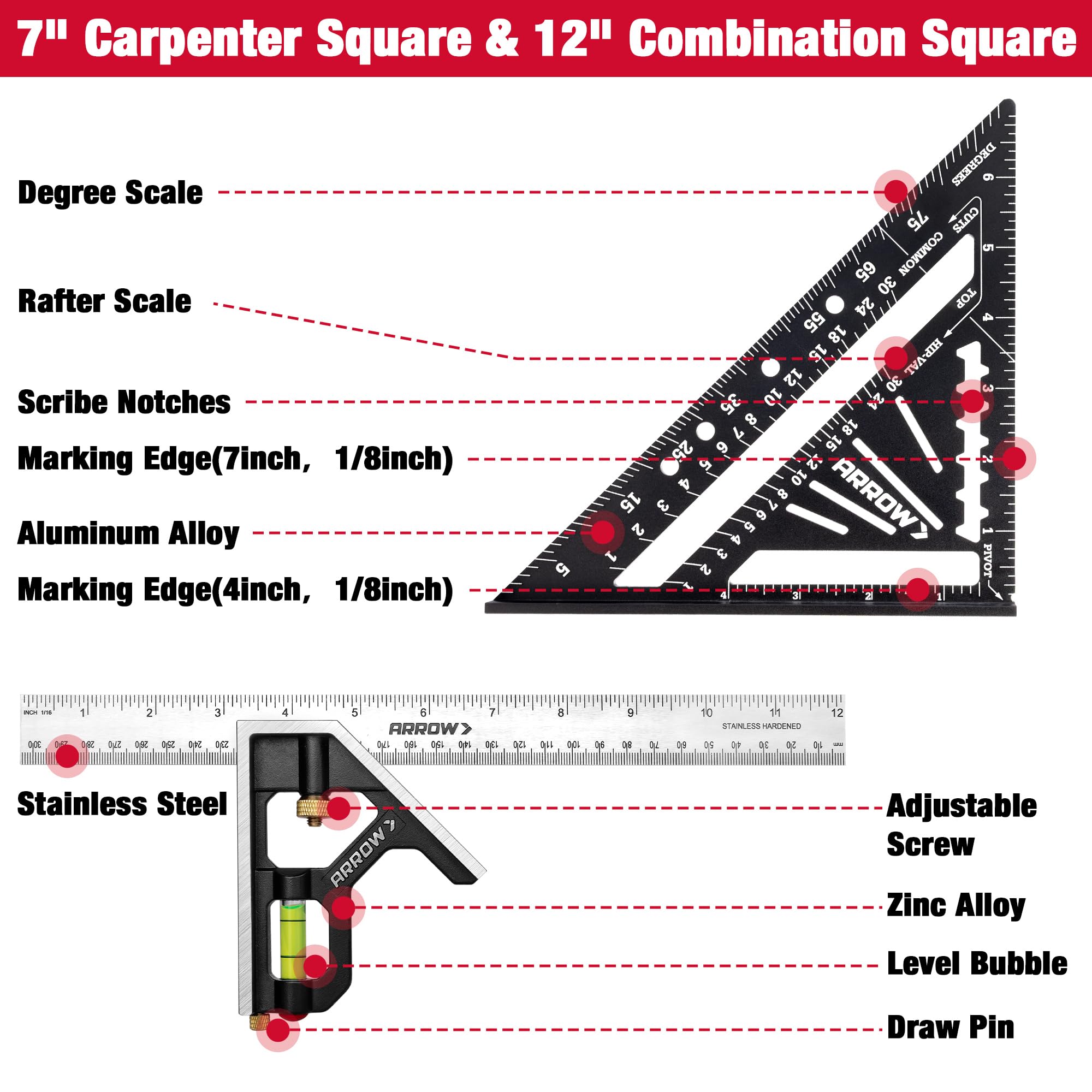 Arrow Fastener 12-inch combination square with zinc alloy handle for precise measurements.