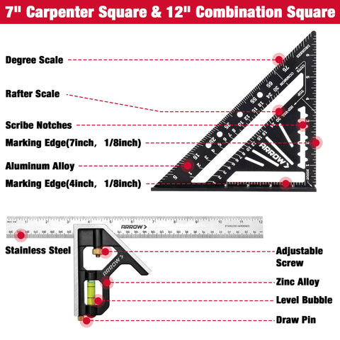 Arrow Fastener 12-inch combination square with zinc alloy handle for precise measurements.