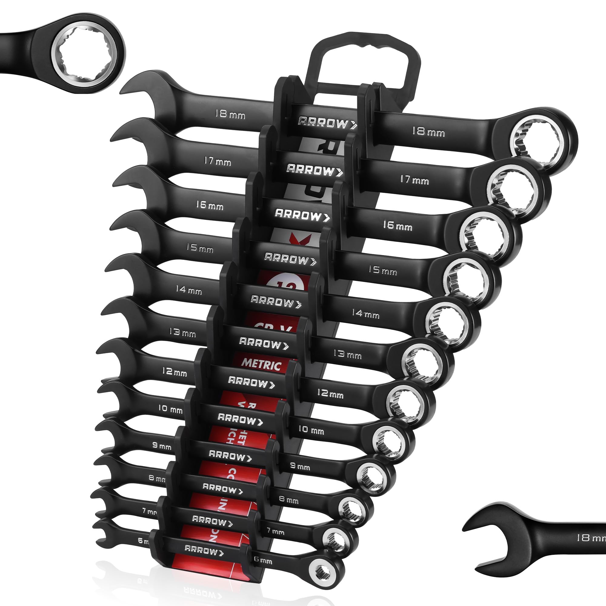 Arrow Fastener 12-piece metric ratcheting wrench set in 6-18mm for tight spaces.