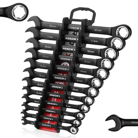 Arrow Fastener 12-piece metric ratcheting wrench set in 6-18mm for tight spaces.
