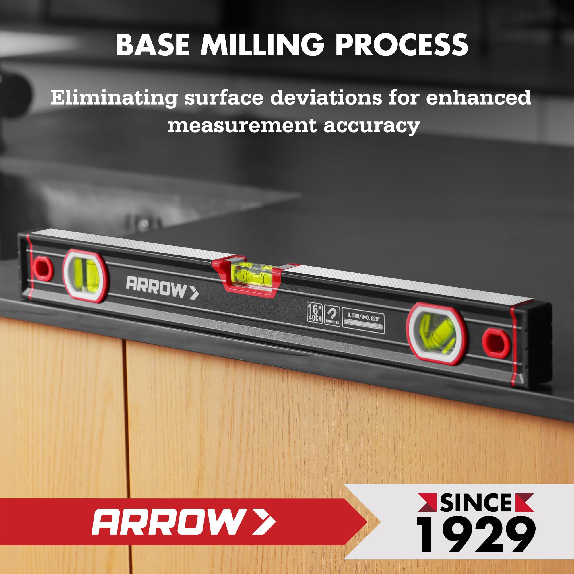 Arrow Fastener 16-inch level includes hanging hole for easy storage.