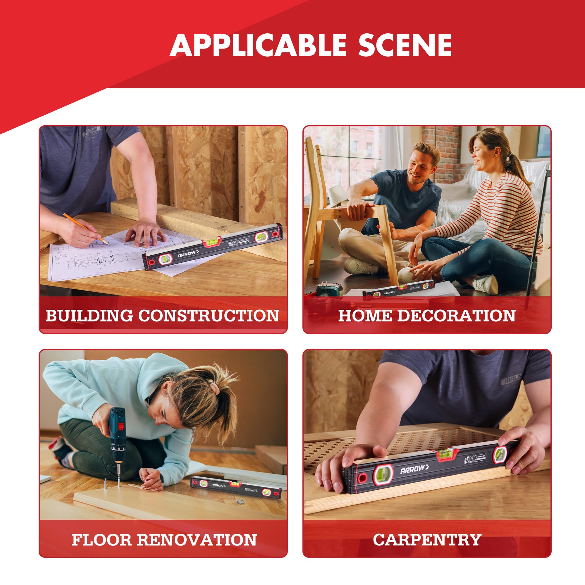 Arrow Fastener 16-inch level magnet system enables hands-free work at height.