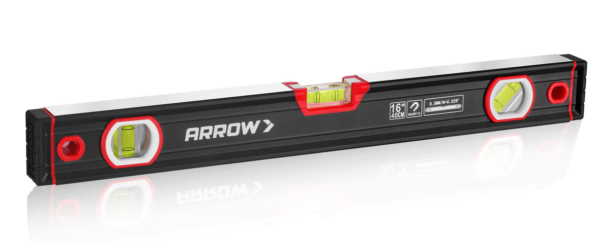 Arrow Fastener 16-inch level with magnetic torpedo base holds securely to metal surfaces.