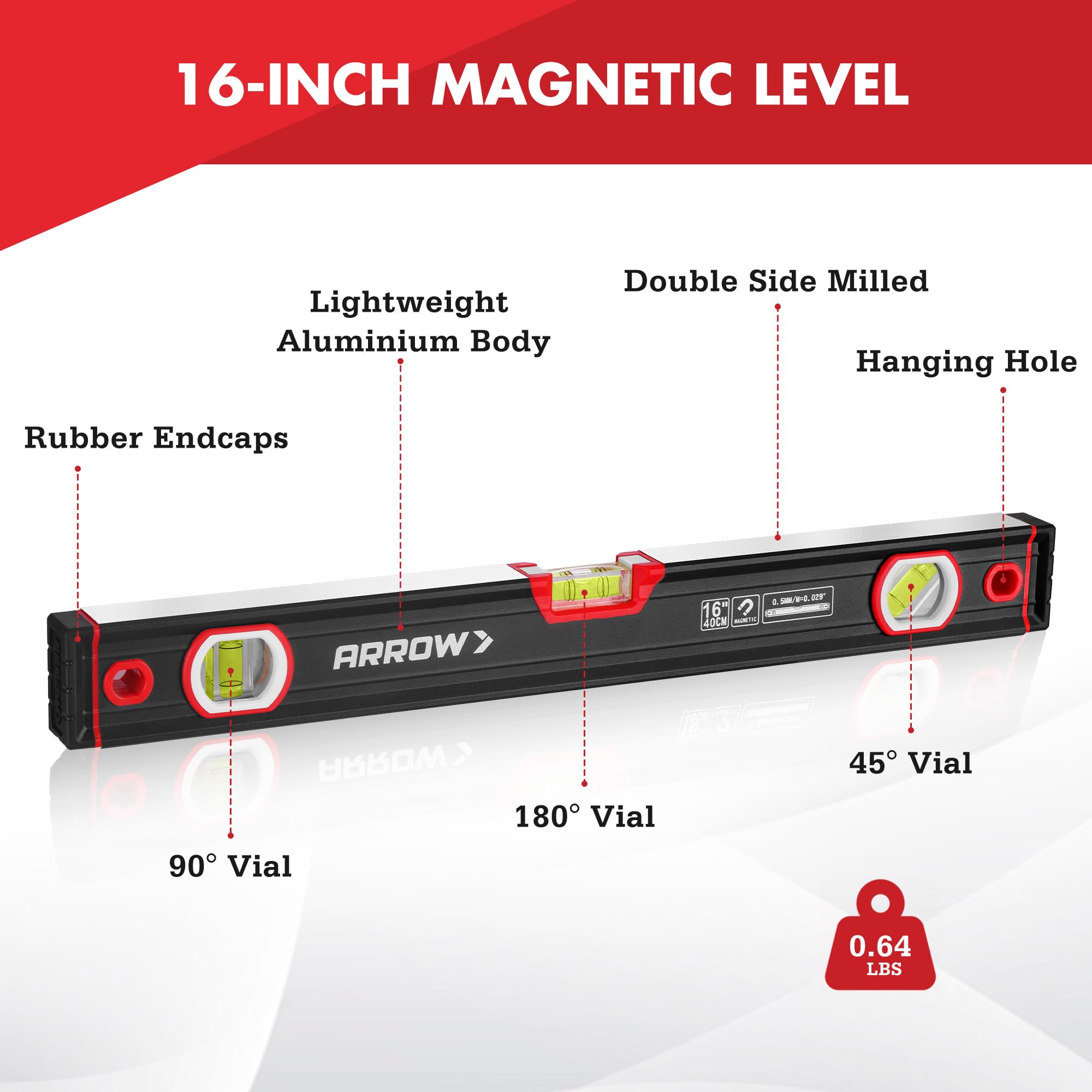Arrow Fastener 16-inch level features shockproof rubber end caps to cushion drops.