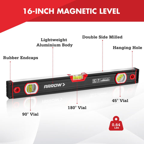 Arrow Fastener 16-inch level features shockproof rubber end caps to cushion drops.