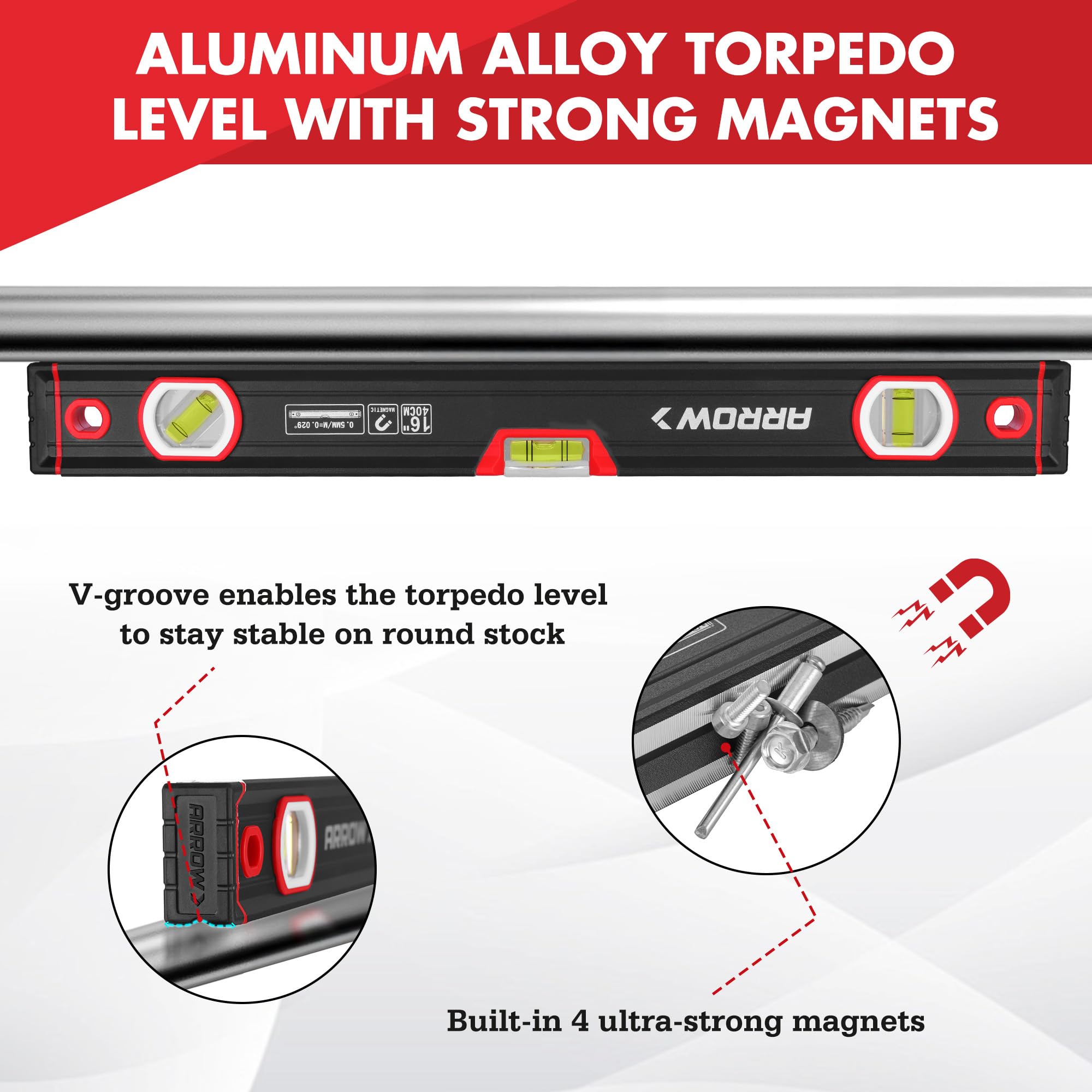 Arrow Fastener 16-inch level displays three high-visibility vials for quick angle checks.