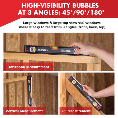 Arrow Fastener 16-inch level shows V-groove base contacting a pipe for secure alignment.
