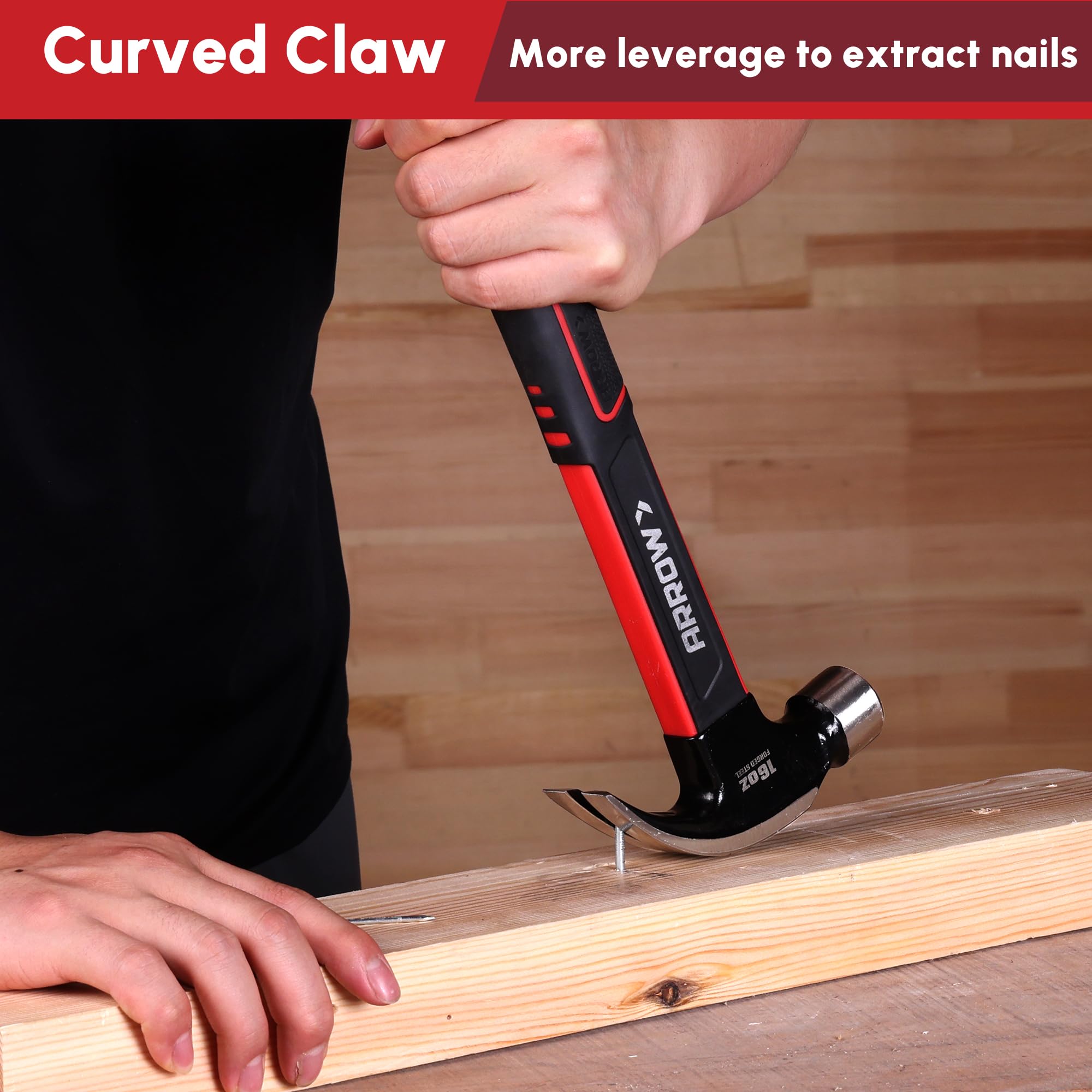 Arrow Fastener 16oz Claw Hammer anti-slip textured handle improves grip.