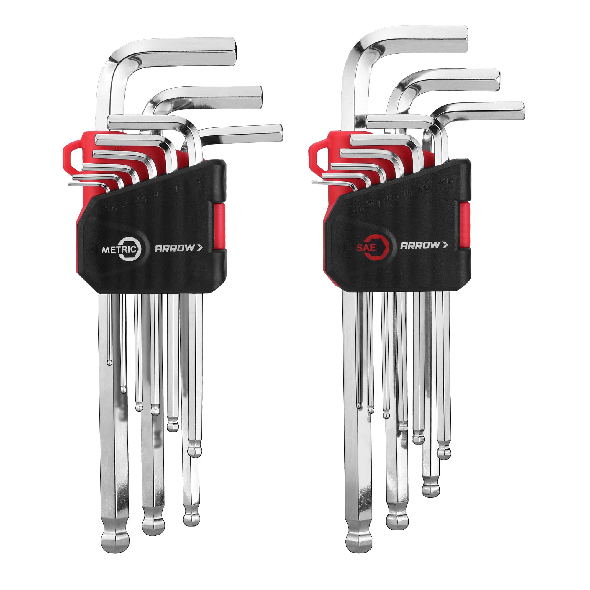 Arrow Fastener 18-piece ball-end Allen wrenches for versatile multi-angle access.