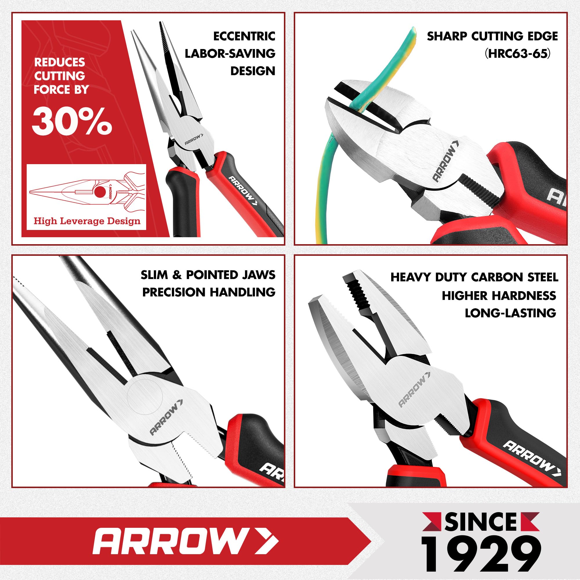 ARROW 3PC Pliers Set carbon steel construction, durable and long-lasting for daily use.