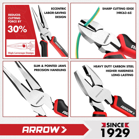 ARROW 3PC Pliers Set carbon steel construction, durable and long-lasting for daily use.