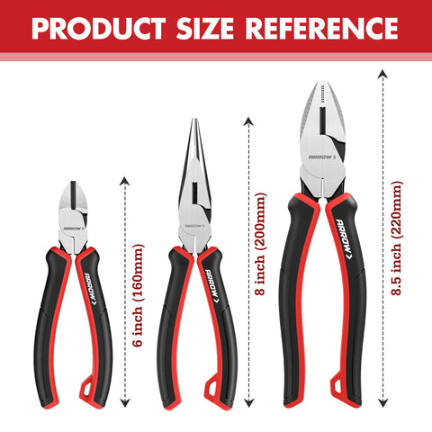 ARROW 3PC Pliers Set diagonal cutters 6in close-up, clean cuts on small components.
