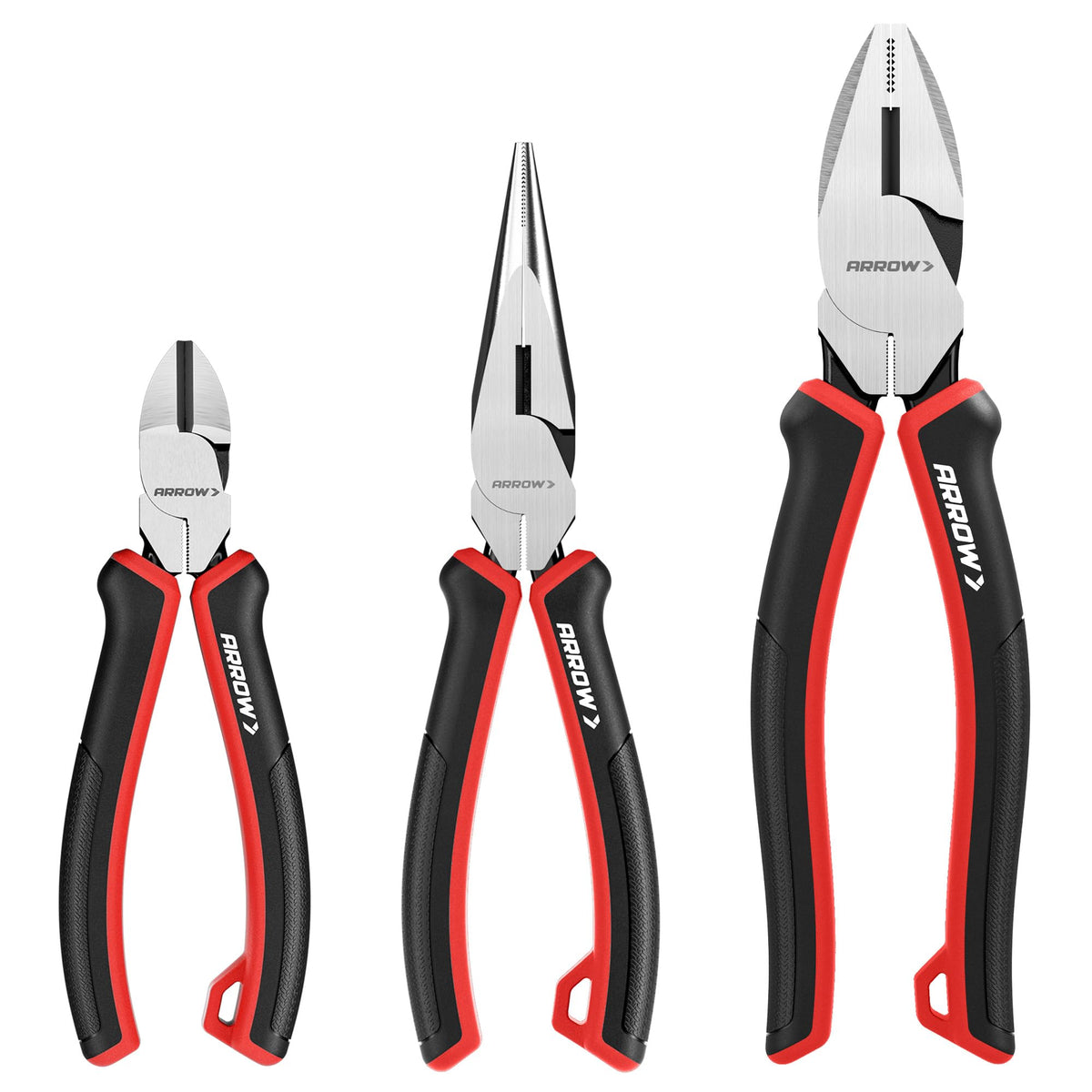 ARROW 3PC Pliers Set needle-nose 8in close-up, precise tips for detailed work.