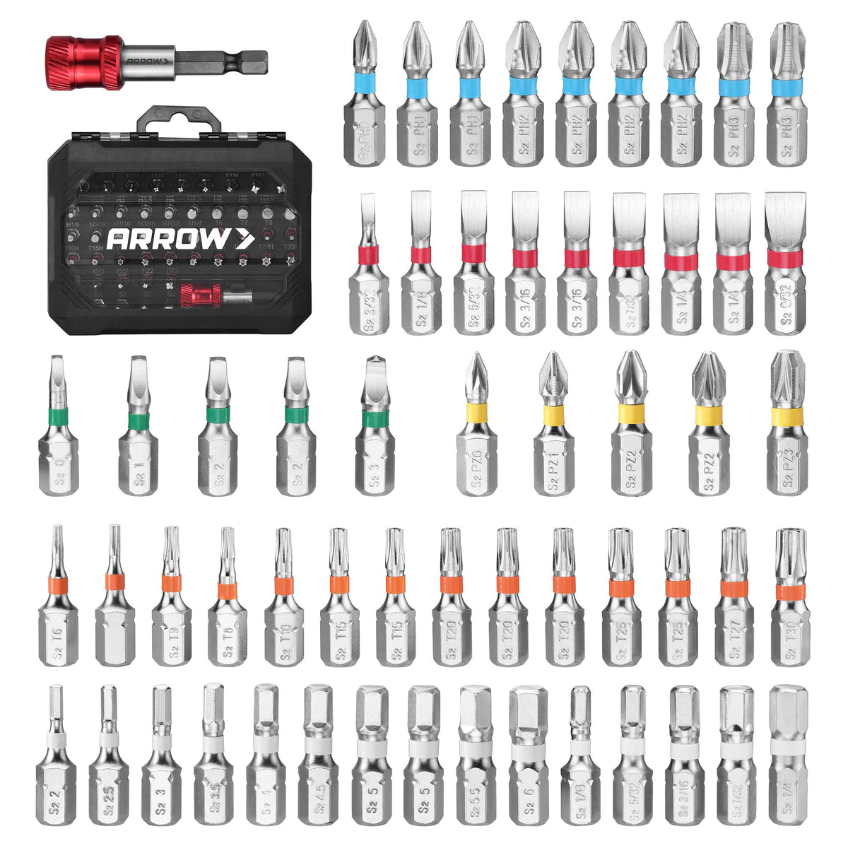 Arrow Fastener 59-piece bit set in sturdy case for quick DIY repairs.