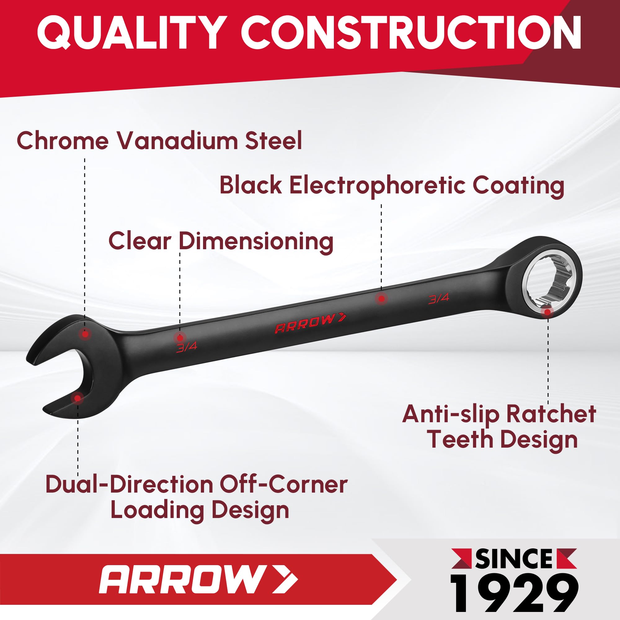 Arrow Fastener CRV forged wrenches with laser-etched sizes for quick identification.