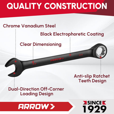 Arrow Fastener CRV forged wrenches with laser-etched sizes for quick identification.