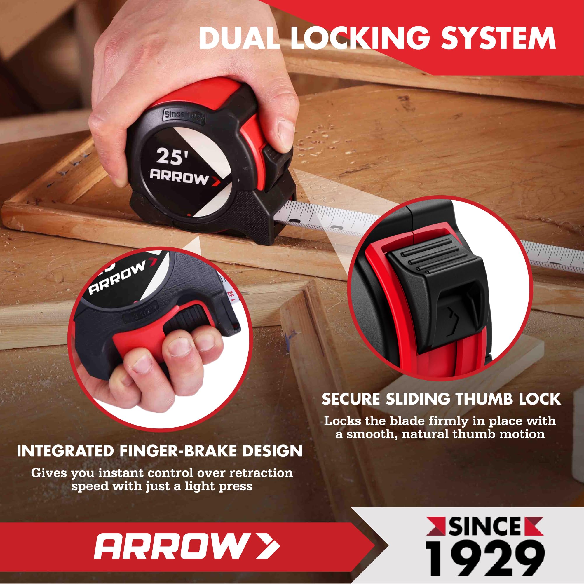 Arrow Fastener tape measure attached to belt clip for hands-free carrying