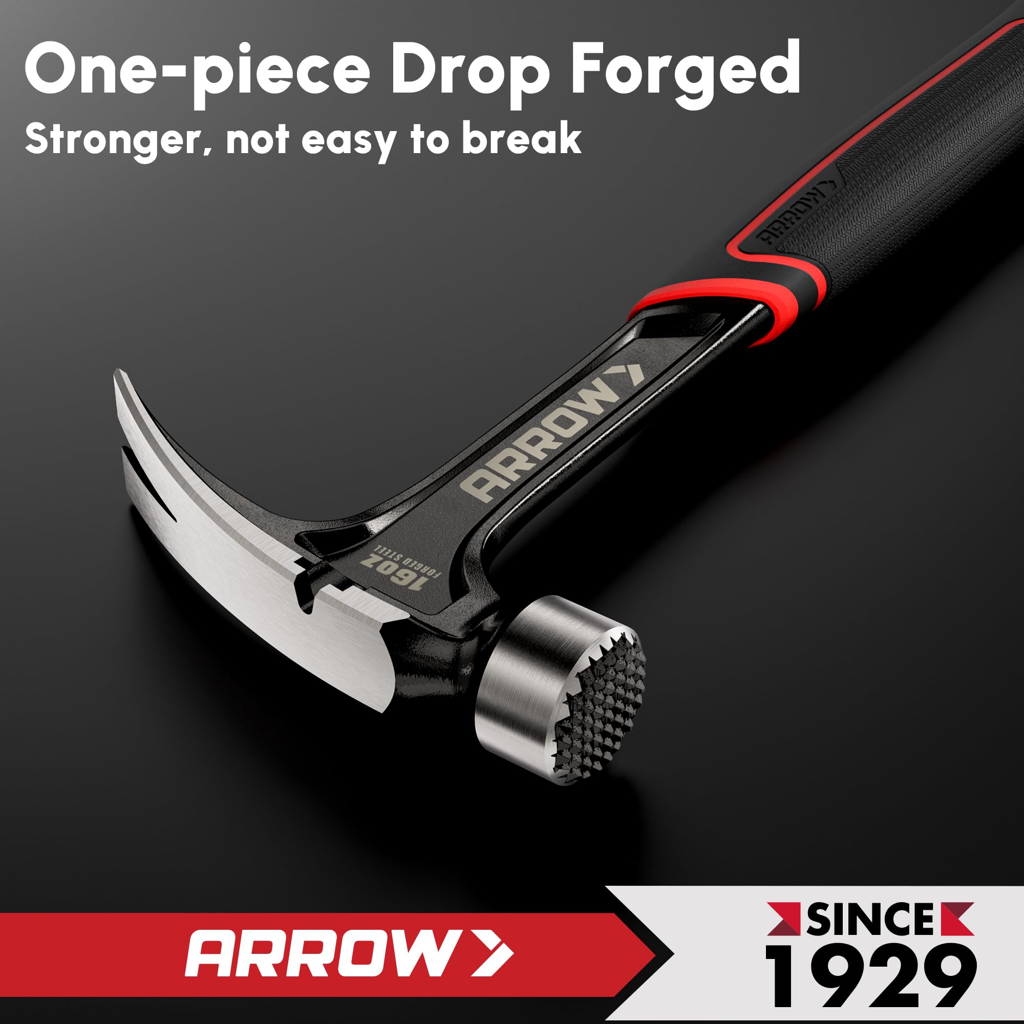 ARROW Fastener hammer with shock-absorbing grip reduces hand fatigue.
