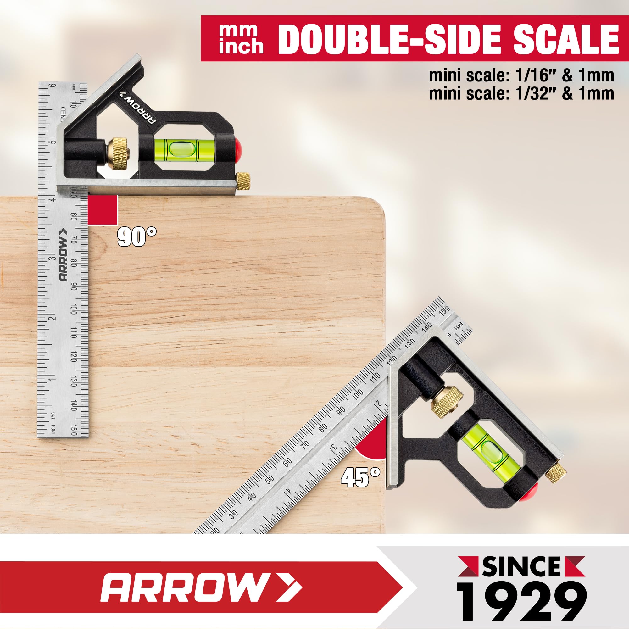 Arrow Fastener angle markings support precise 45 and 90-degree checks.