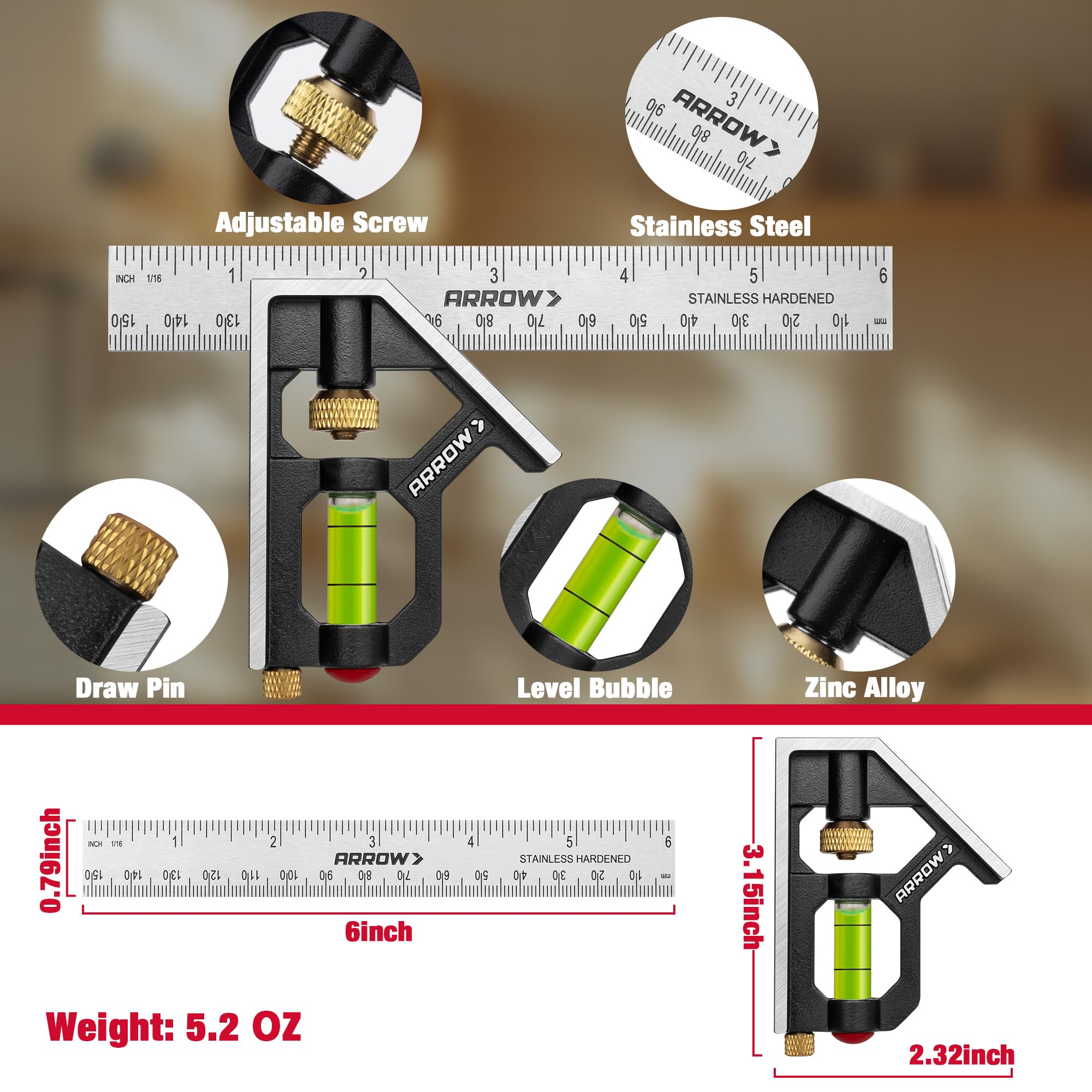 Arrow Fastener bubble level integrated for quick, accurate alignment in carpentry.