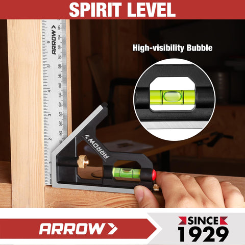 Arrow Fastener combination square built-in level aids quick checks.