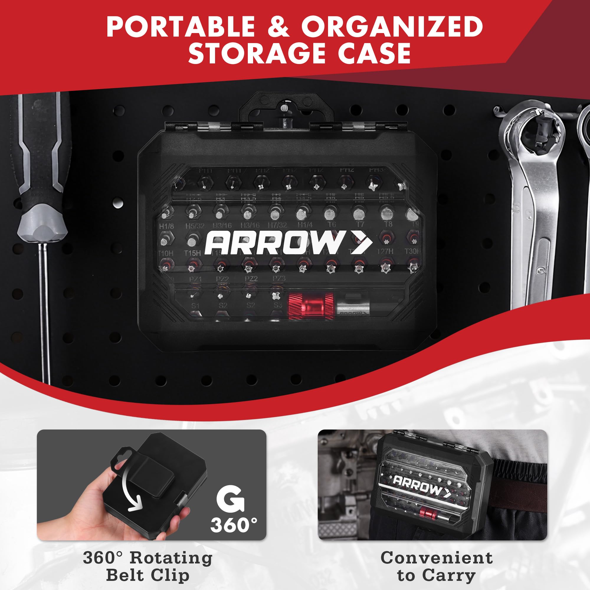 Arrow Fastener case features 360-degree belt clip for hands-free transport.