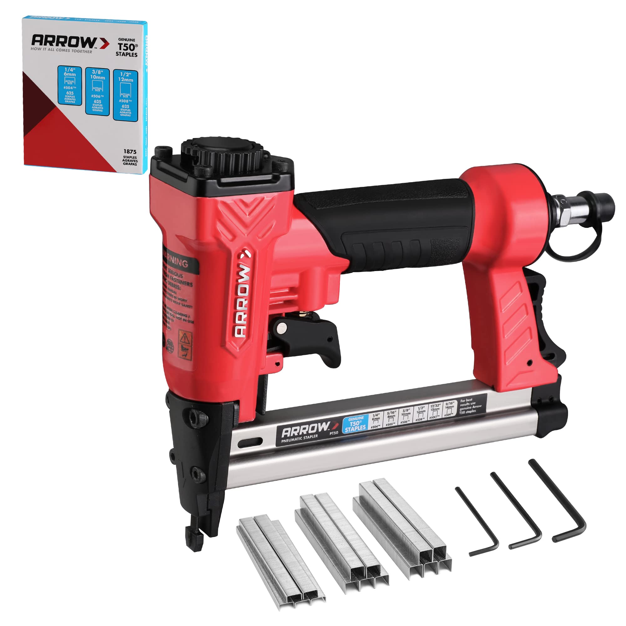 Arrow Fastener PT50 stapler in use for upholstery and woodworking.