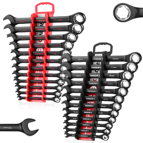 Arrow Fastener 24-piece ratchet wrench set in case for fast, organized access.