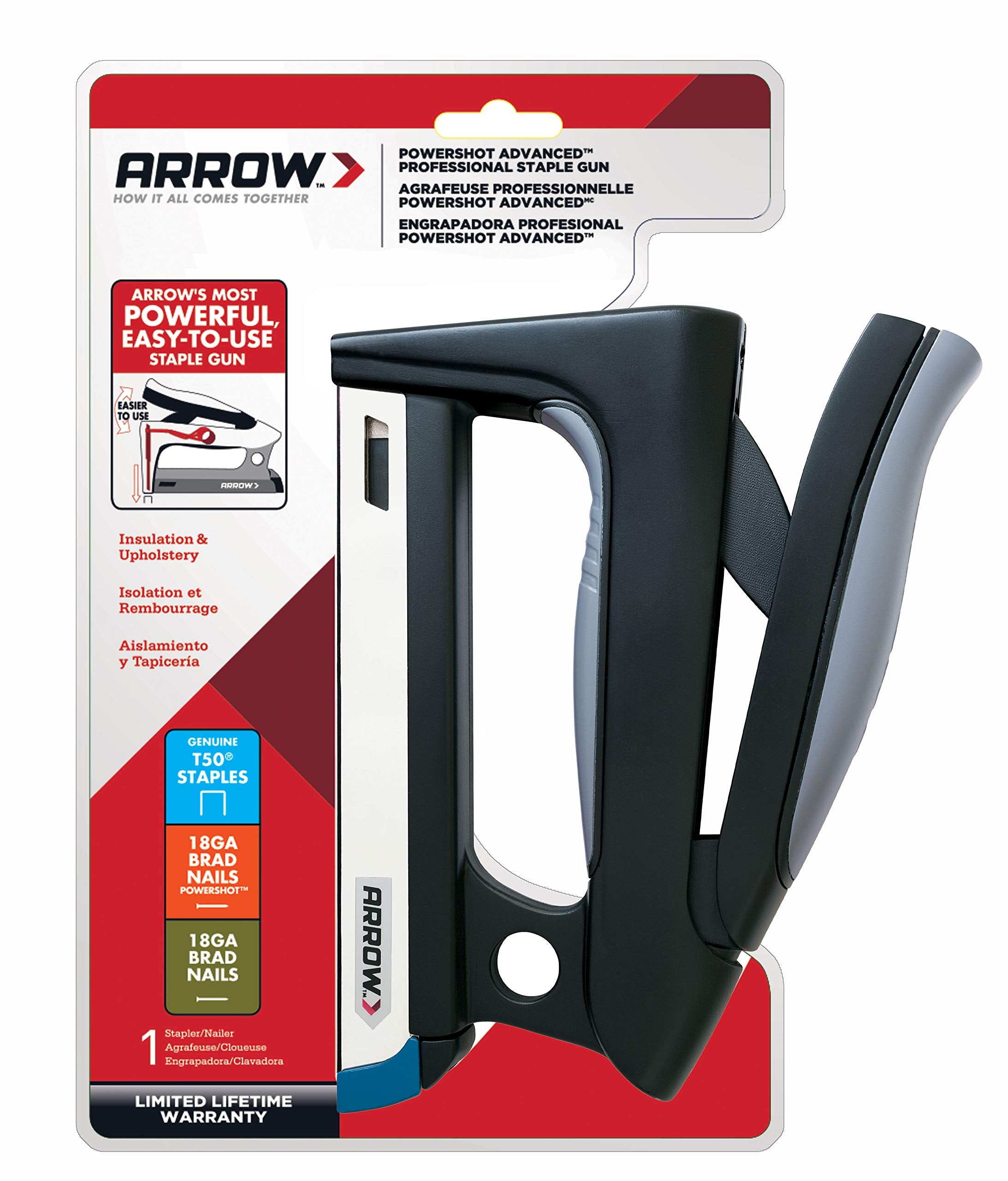 Arrow Fastener T50HS forward-action design reduces hand fatigue during use.