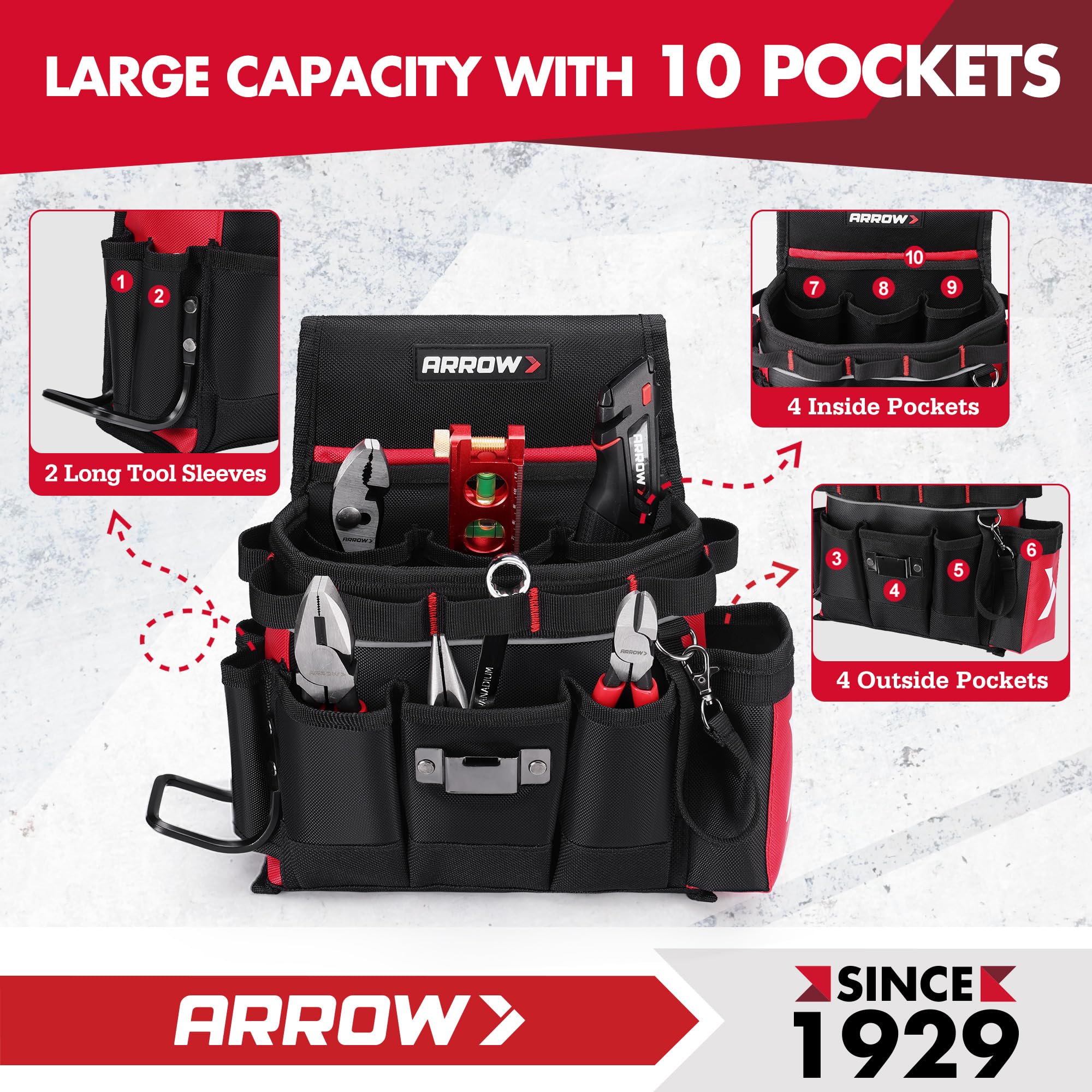 Arrow Fastener tool belt internal compartments with tape measure clip