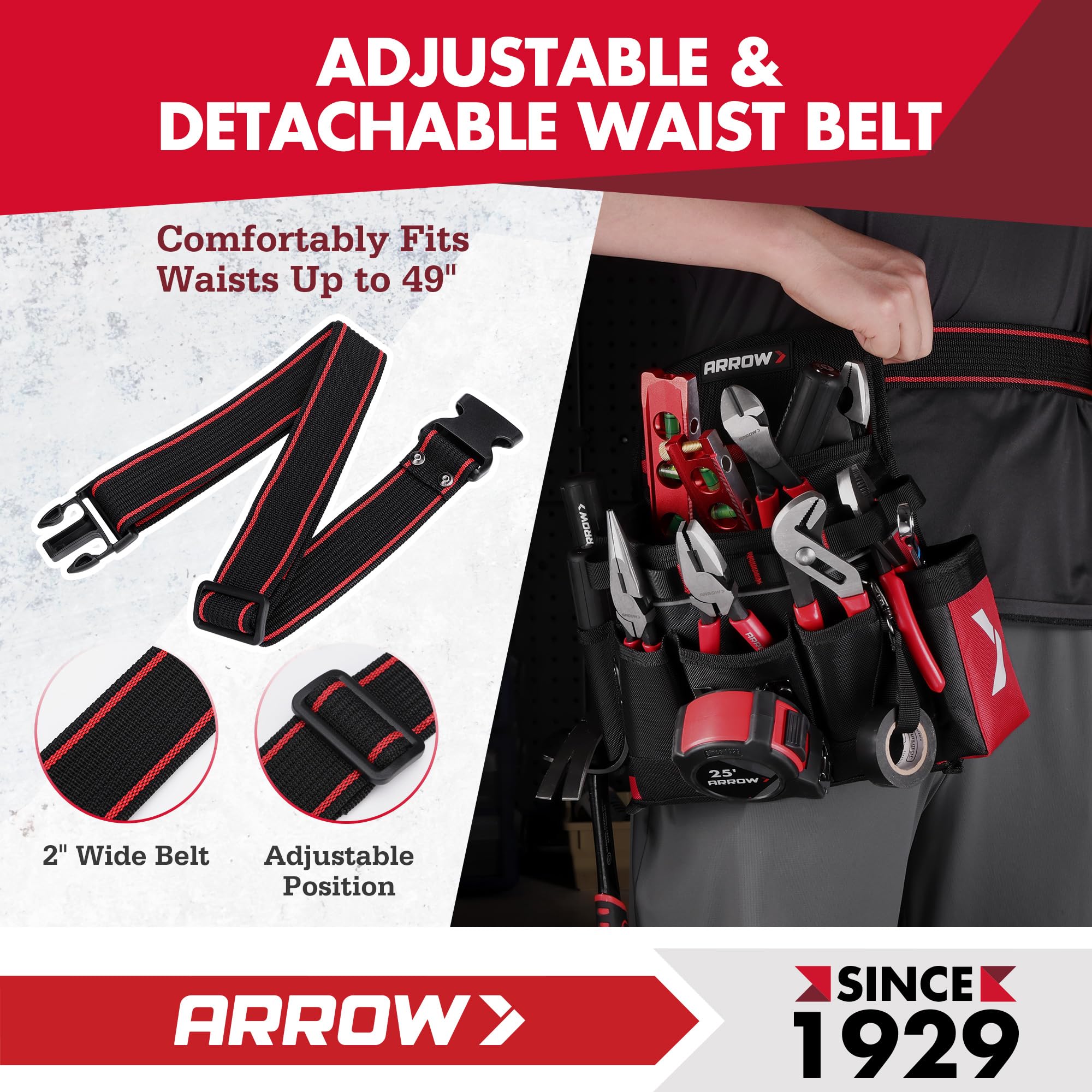Reflective strip on Arrow Fastener tool belt for safety