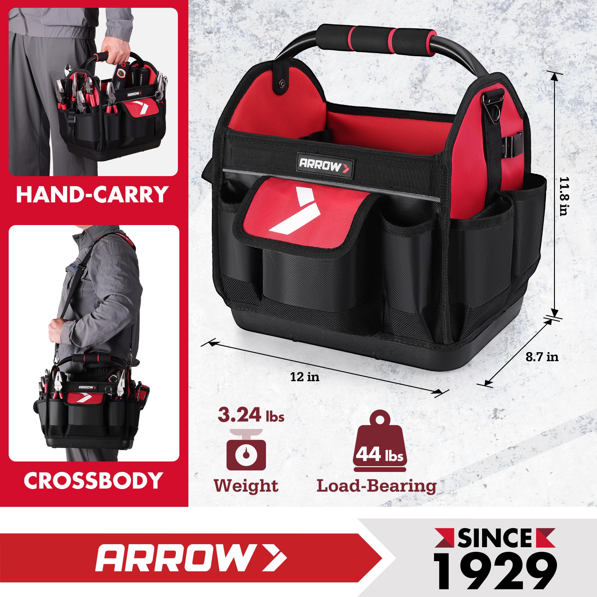 Arrow Fastener tool tote uses 840D Oxford fabric for durable, long-lasting use