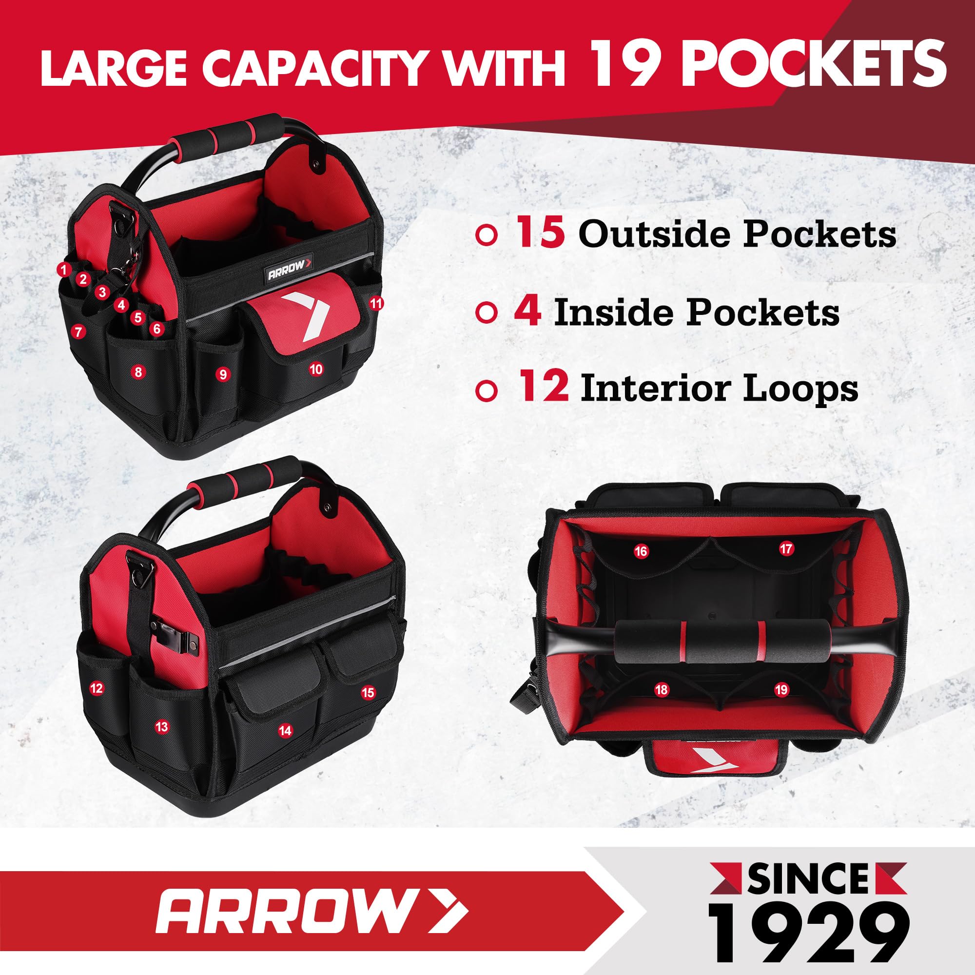 Arrow Fastener tool tote includes a cushioned strap for fatigue reduction
