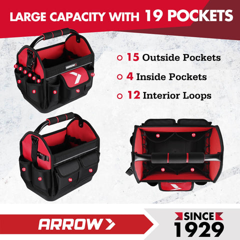 Arrow Fastener tool tote includes a cushioned strap for fatigue reduction