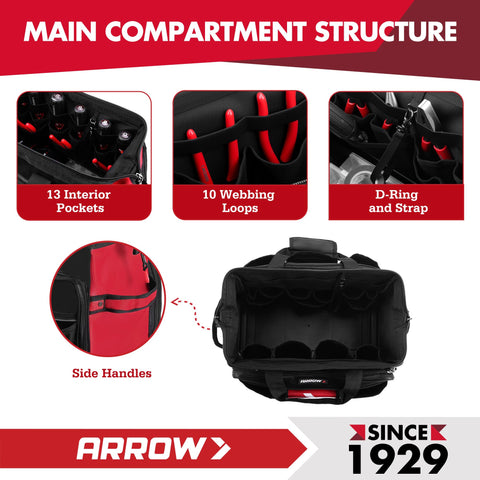 ARROW Fastener tool bag interior pockets and dividers for organization.