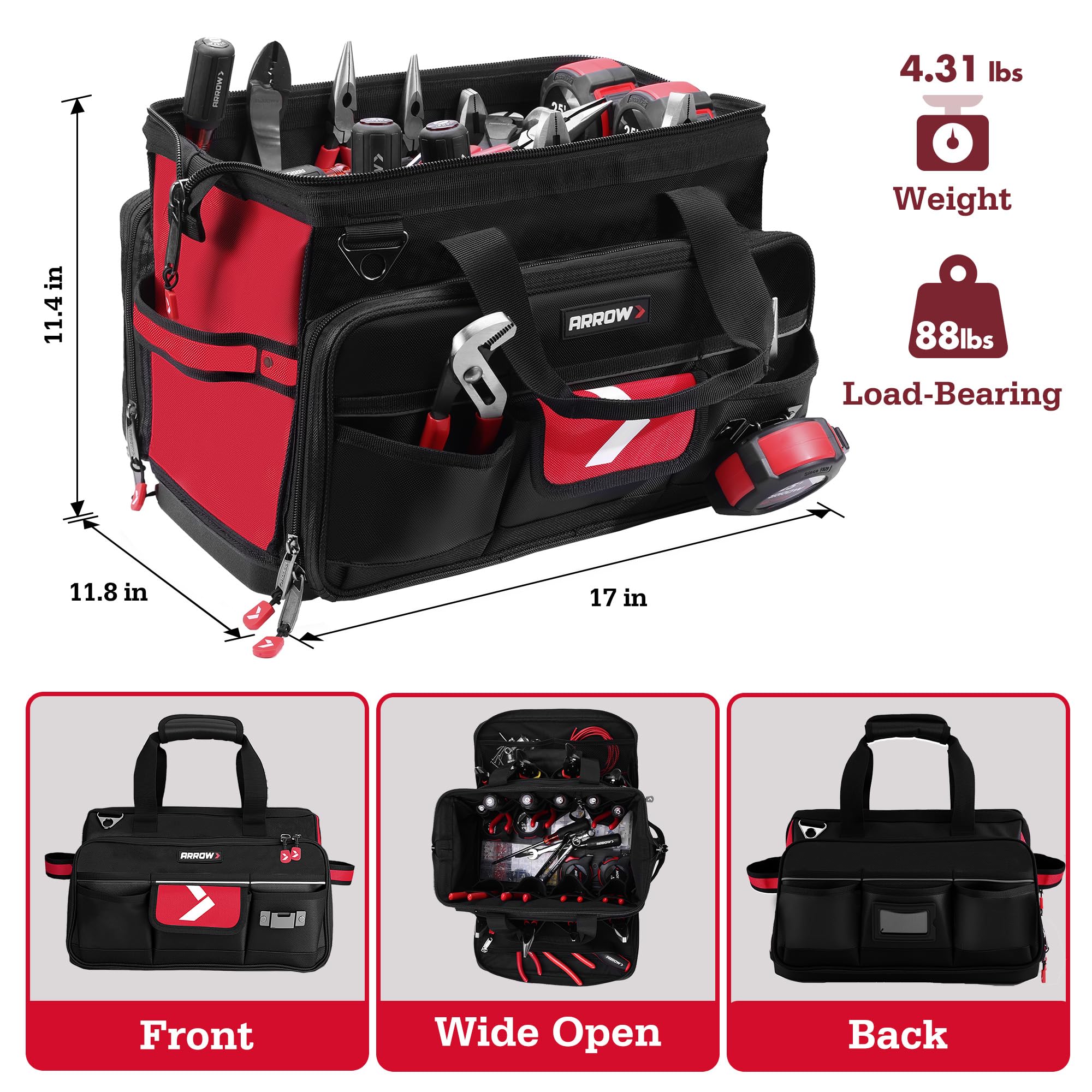 ARROW Fastener 17-inch bag with reflective bands improves visibility.