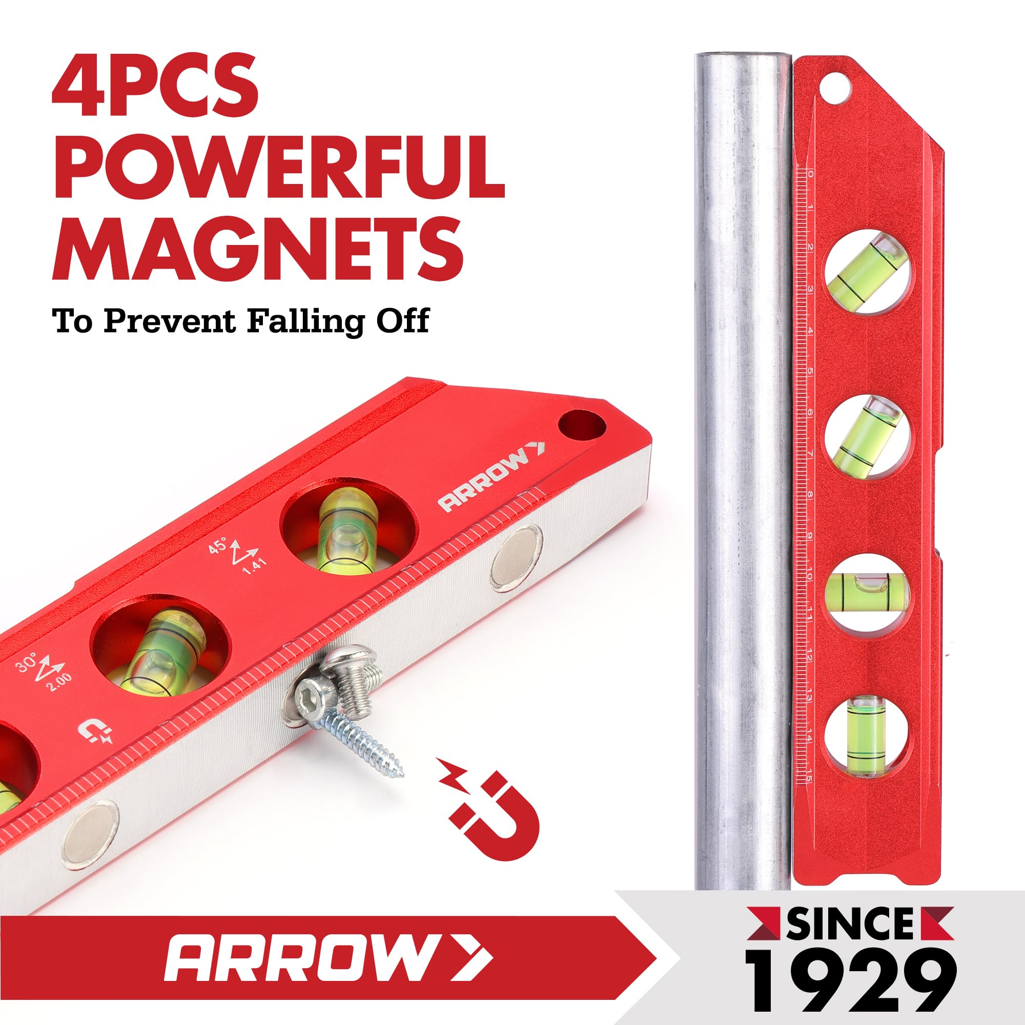 Arrow Fastener torpedo level aluminum frame highlighting durability and rust resistance.