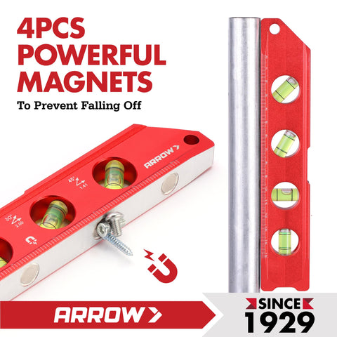 Arrow Fastener torpedo level aluminum frame highlighting durability and rust resistance.