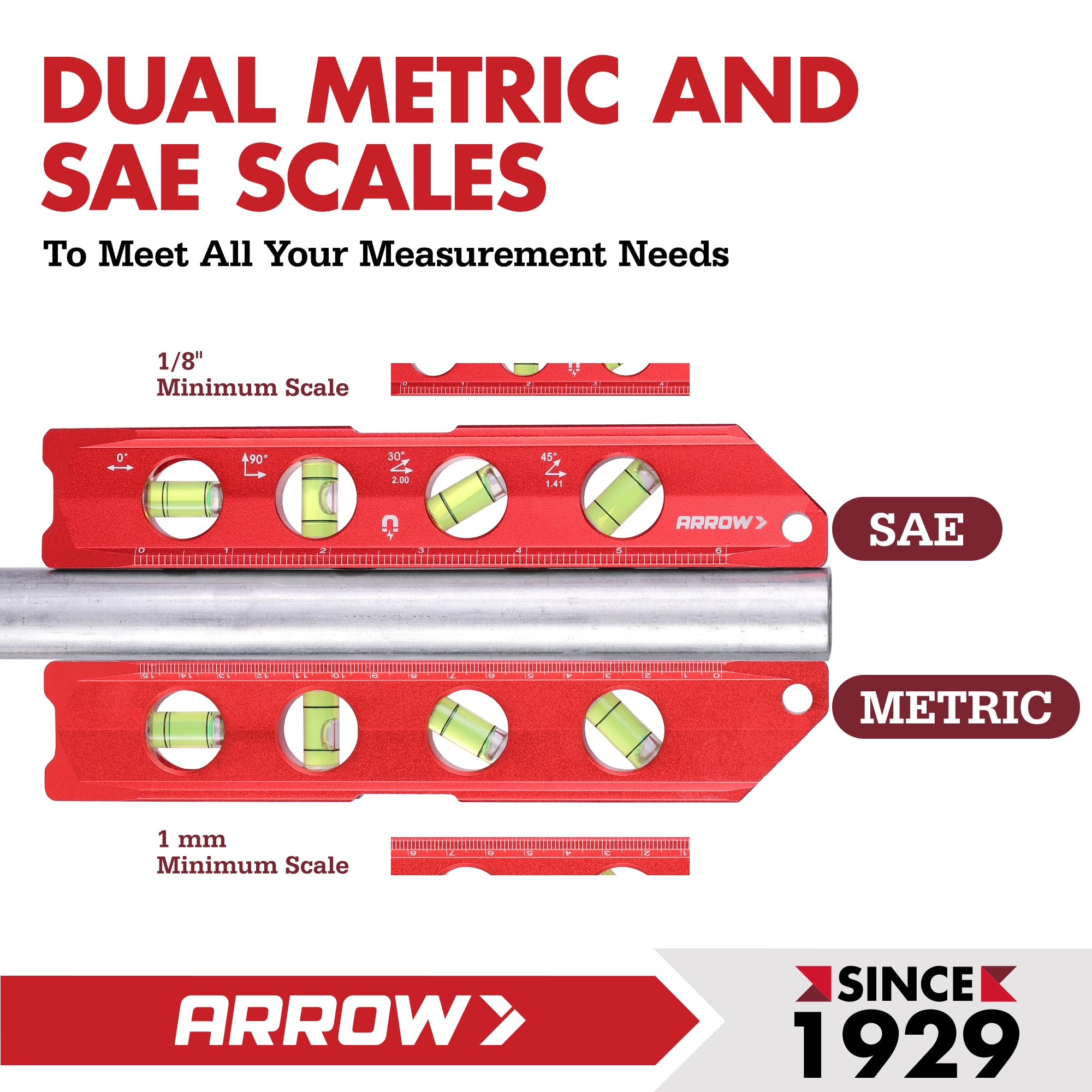 Arrow Fastener torpedo level 0/30/45/90 vials for precise angle checks.