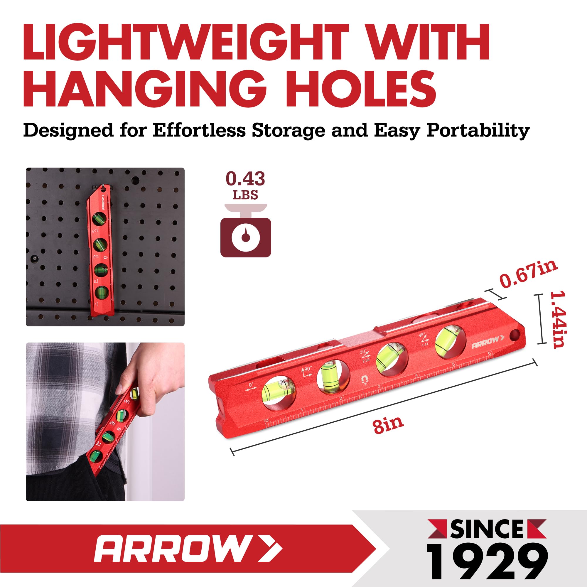 Arrow Fastener torpedo level dual scales for metric and SAE measurements.