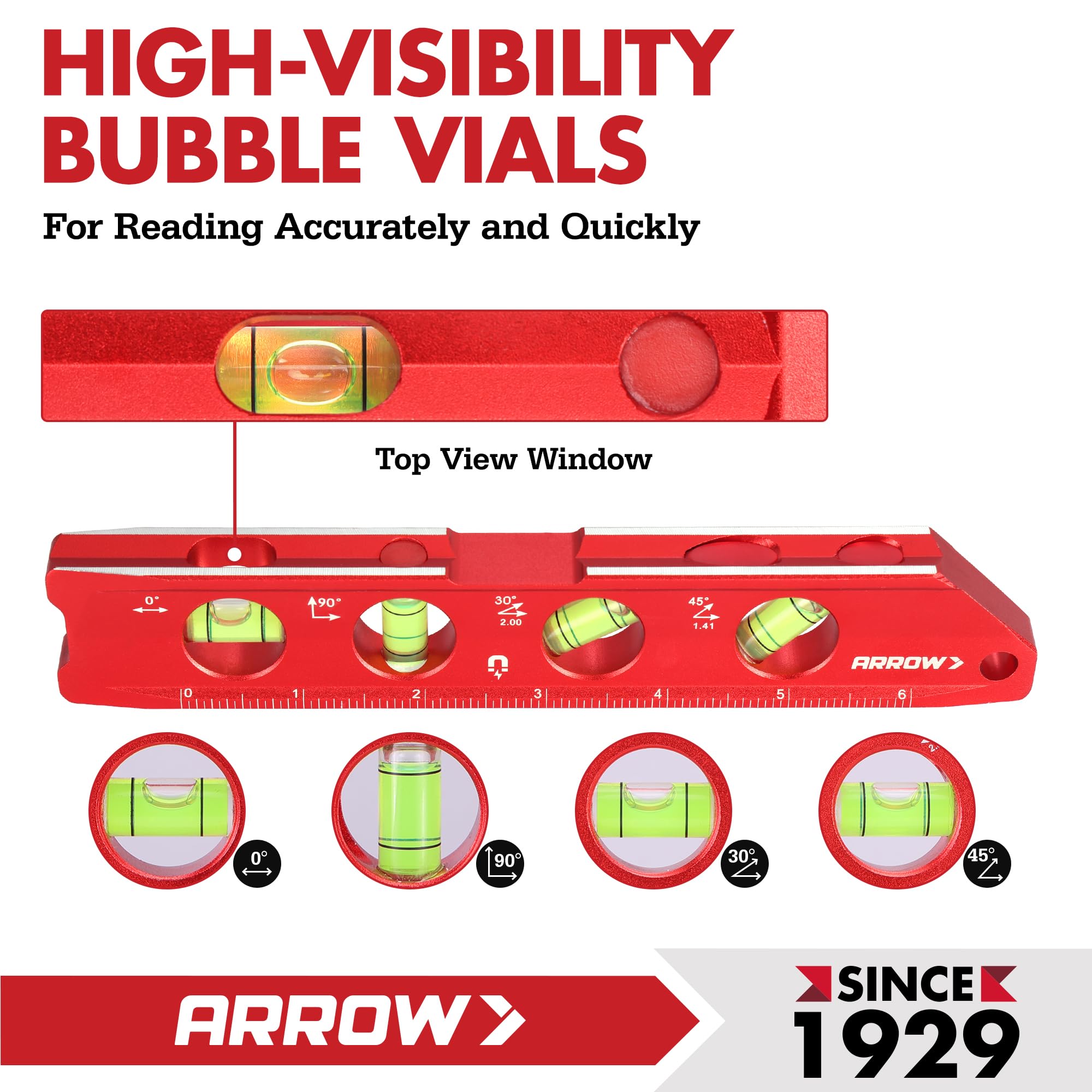 Arrow Fastener torpedo level V-groove guides pipes for stable alignment.