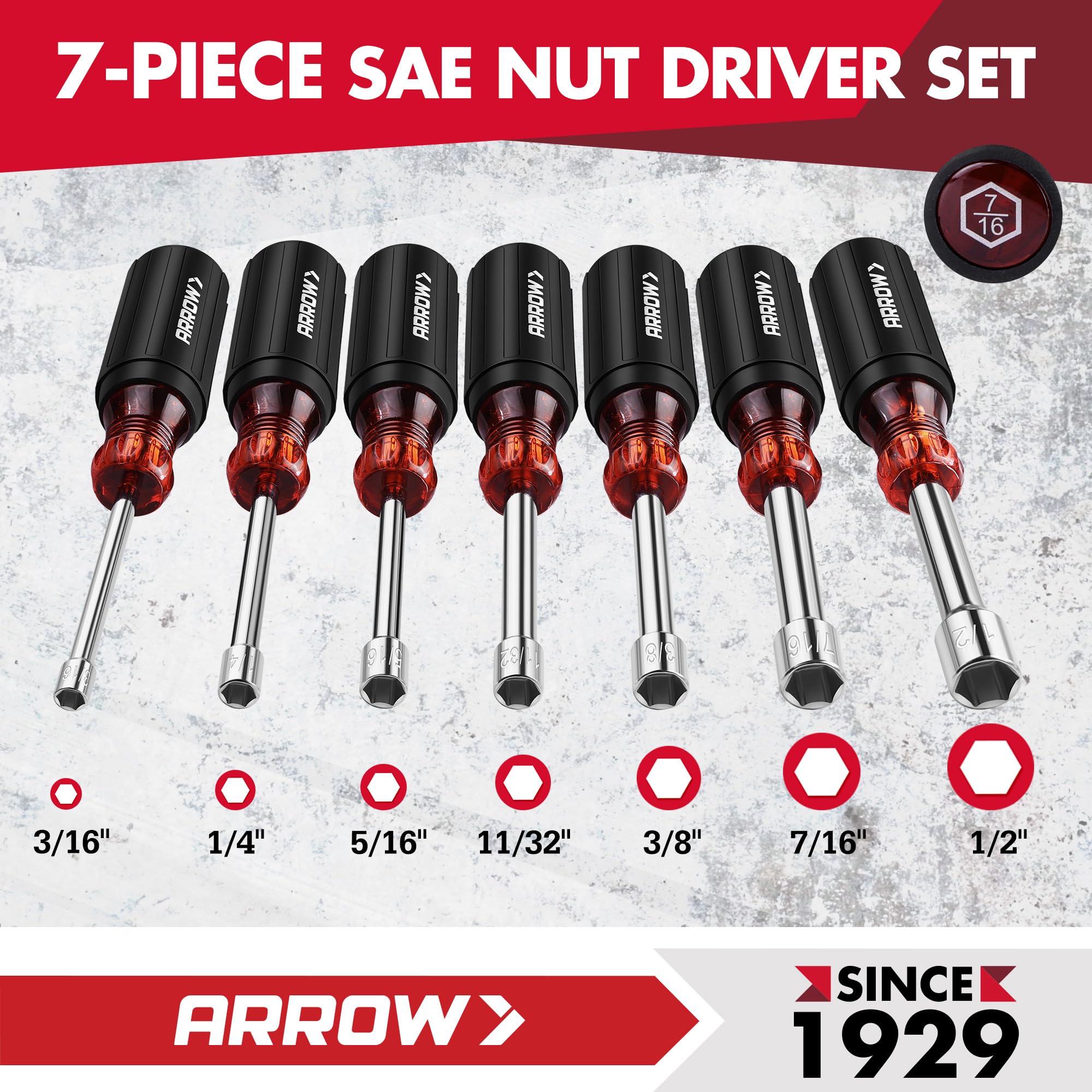 Arrow Nut Driver Set 7pc in chrome vanadium steel for durability and rust resistance