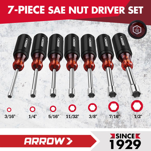 Arrow Nut Driver Set 7pc in chrome vanadium steel for durability and rust resistance