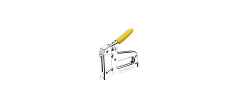 Arrow T59 rubberized comfort grip reducing hand fatigue during installation.