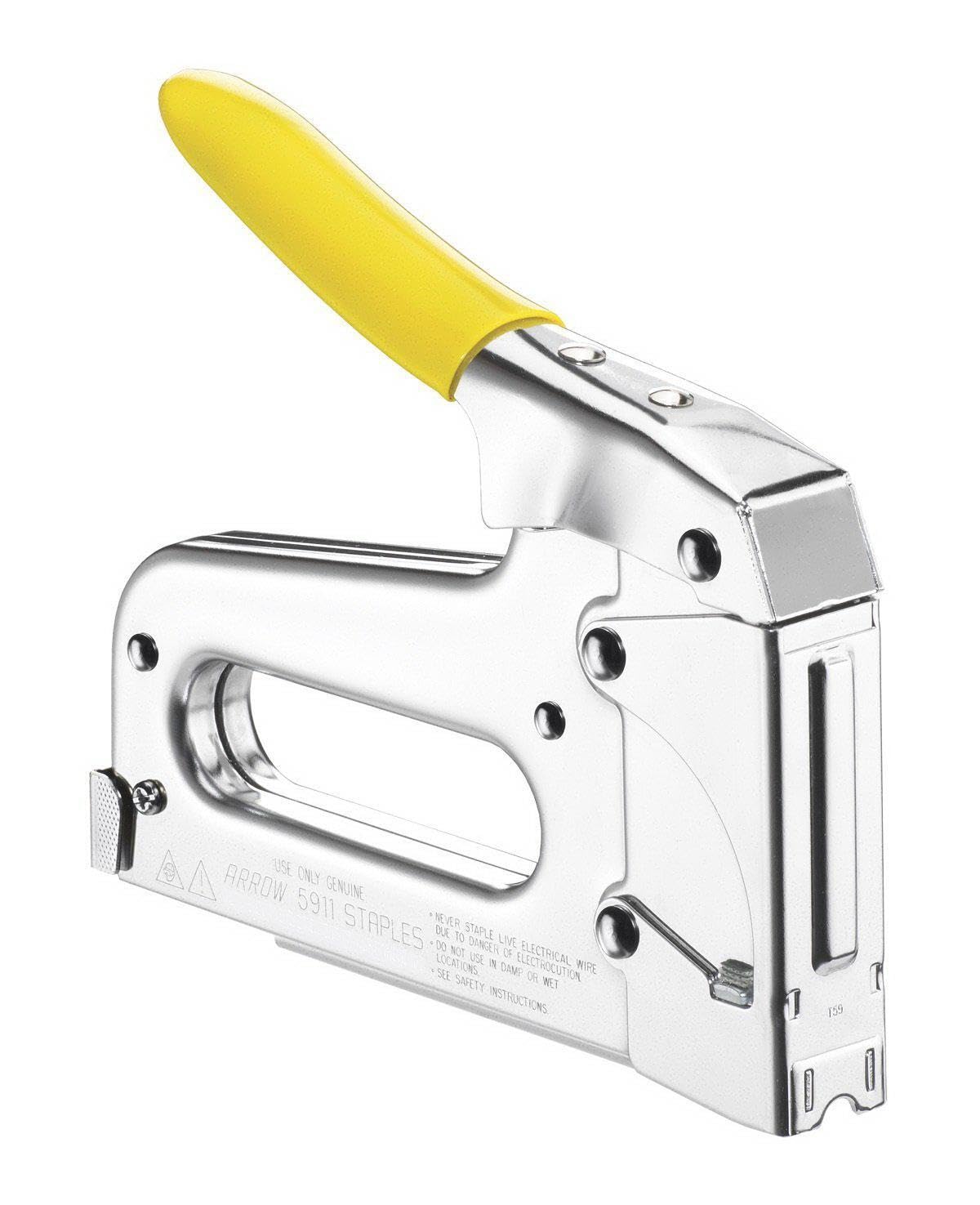 Arrow T59 heavy-duty staple gun front view showing durable chrome housing for reliable quick installations.
