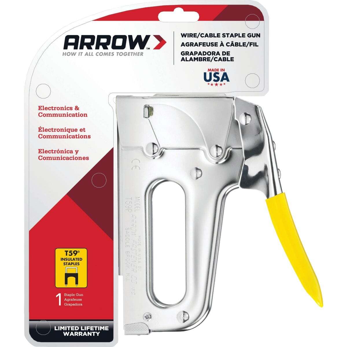 Arrow T59 staple gun with wire guide aiding precise low-voltage cable placement.