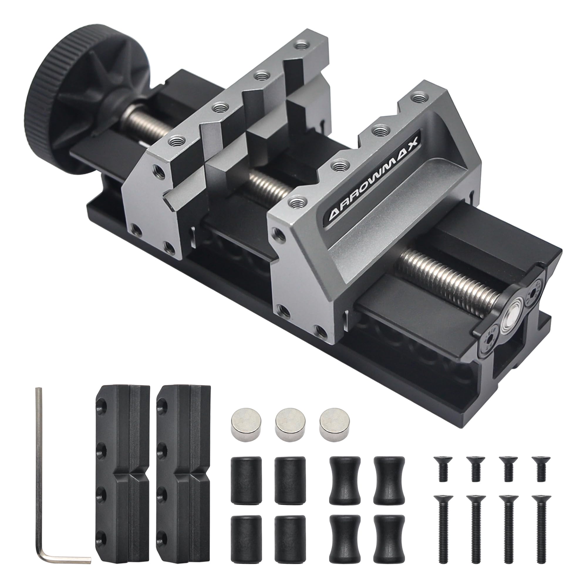 ARROWMAX AM double-ended mini bench vise on a workbench for precise, stable gripping.